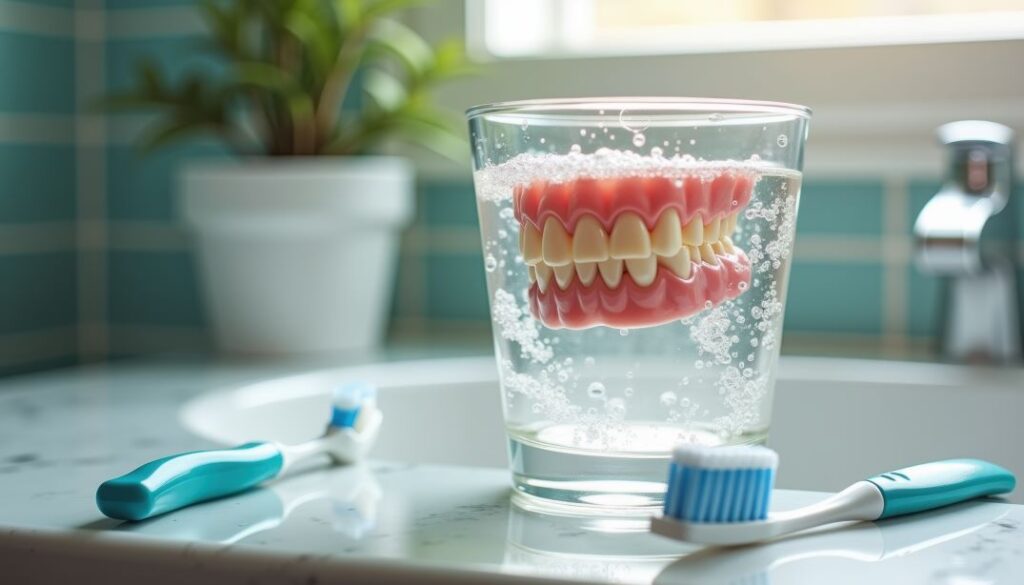 A pair of dentures soaking in a glass of water.